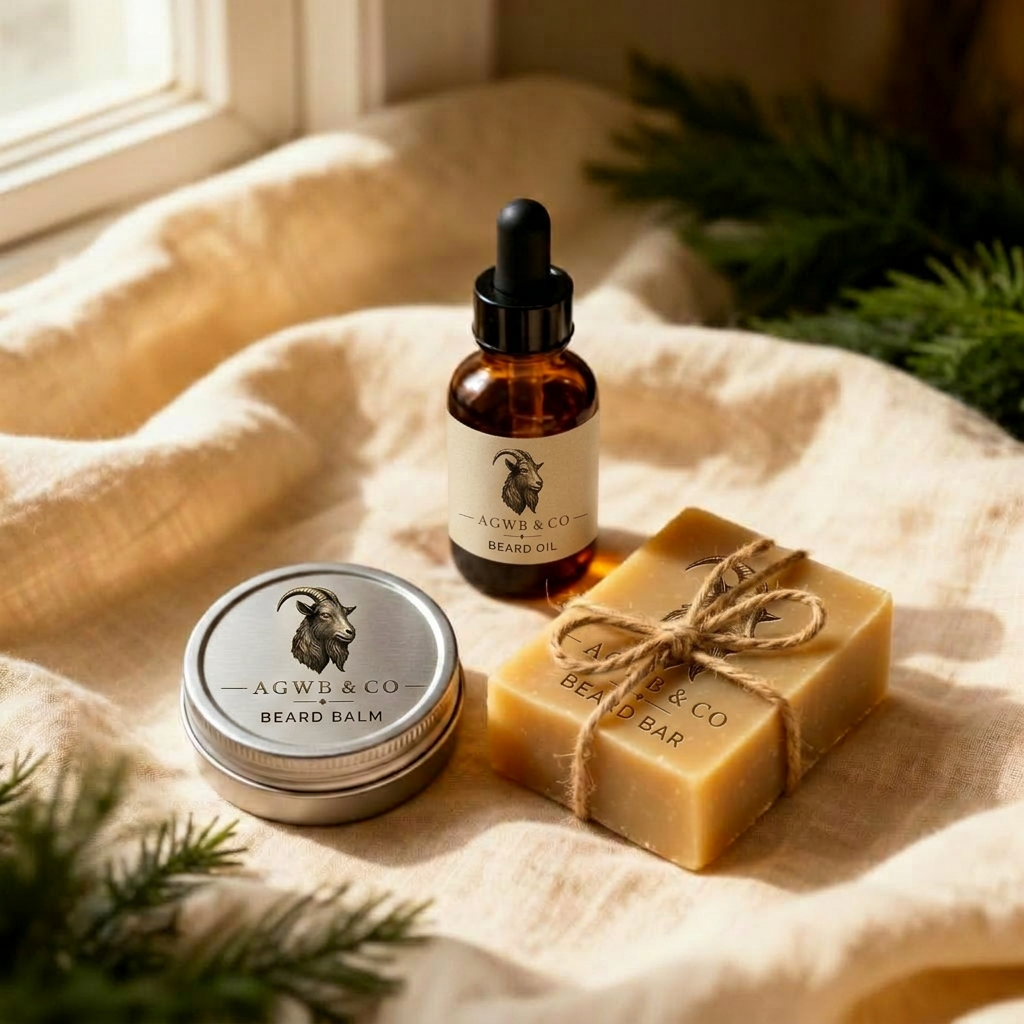 Starter Brotherhood Kit — beard oil, balm, and goat milk soap on cream linen
